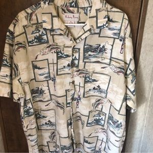 EUC Hickory Perry Fishing Trout Rod Reel Coconut Buttons Linen Rayon Shirt XL A